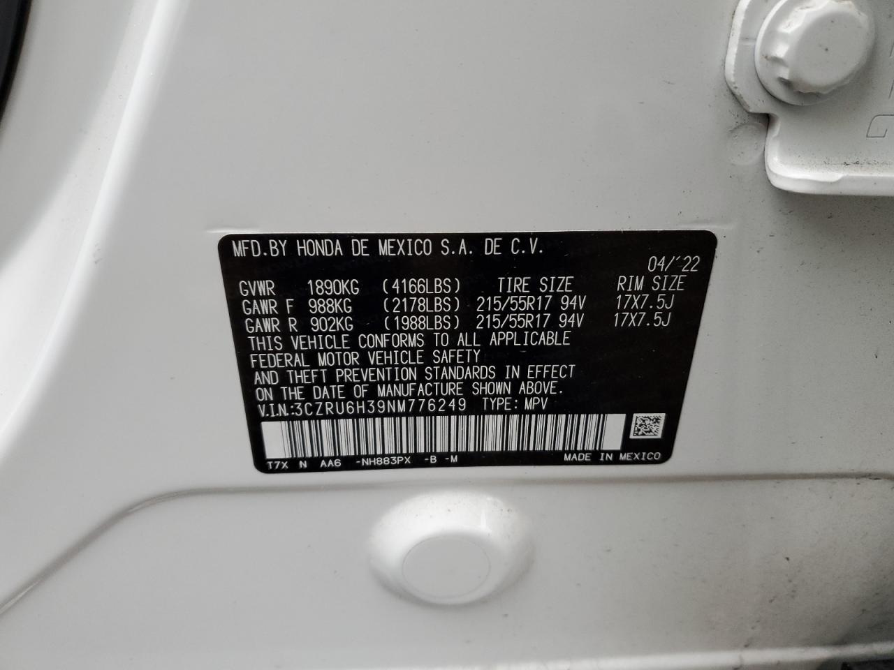 2022 HONDA HR-V LX VIN:3CZRU6H39NM776249