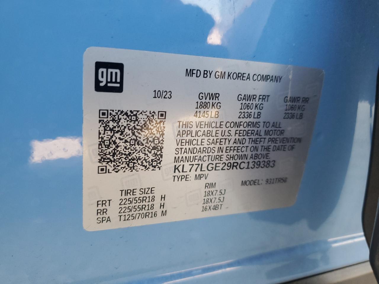 2024 CHEVROLET TRAX 1RS VIN:KL77LGE29RC139383