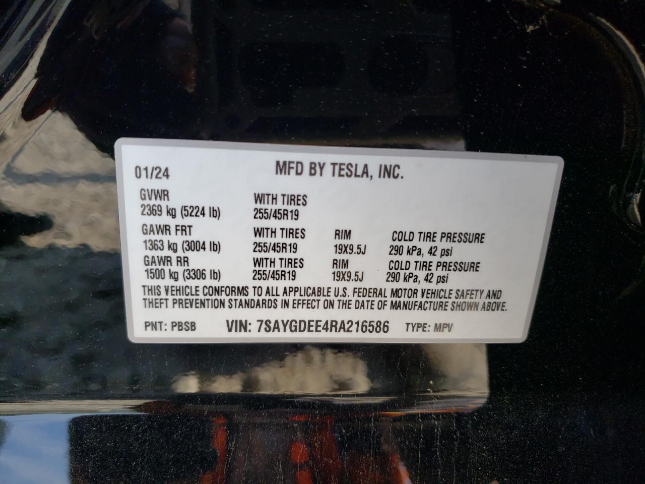 2024 TESLA MODEL Y VIN:7SAYGDEE4RA216586