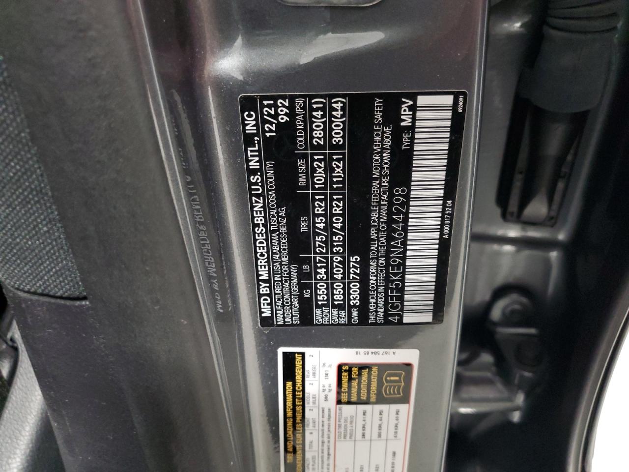 2022 MERCEDES-BENZ GLS 450 4MATIC VIN:4JGFF5KE9NA644298