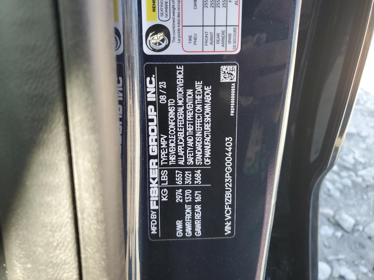 2023 FISKER INC. OCEAN OCEAN ONE VIN:VCF1ZBU23PG004403