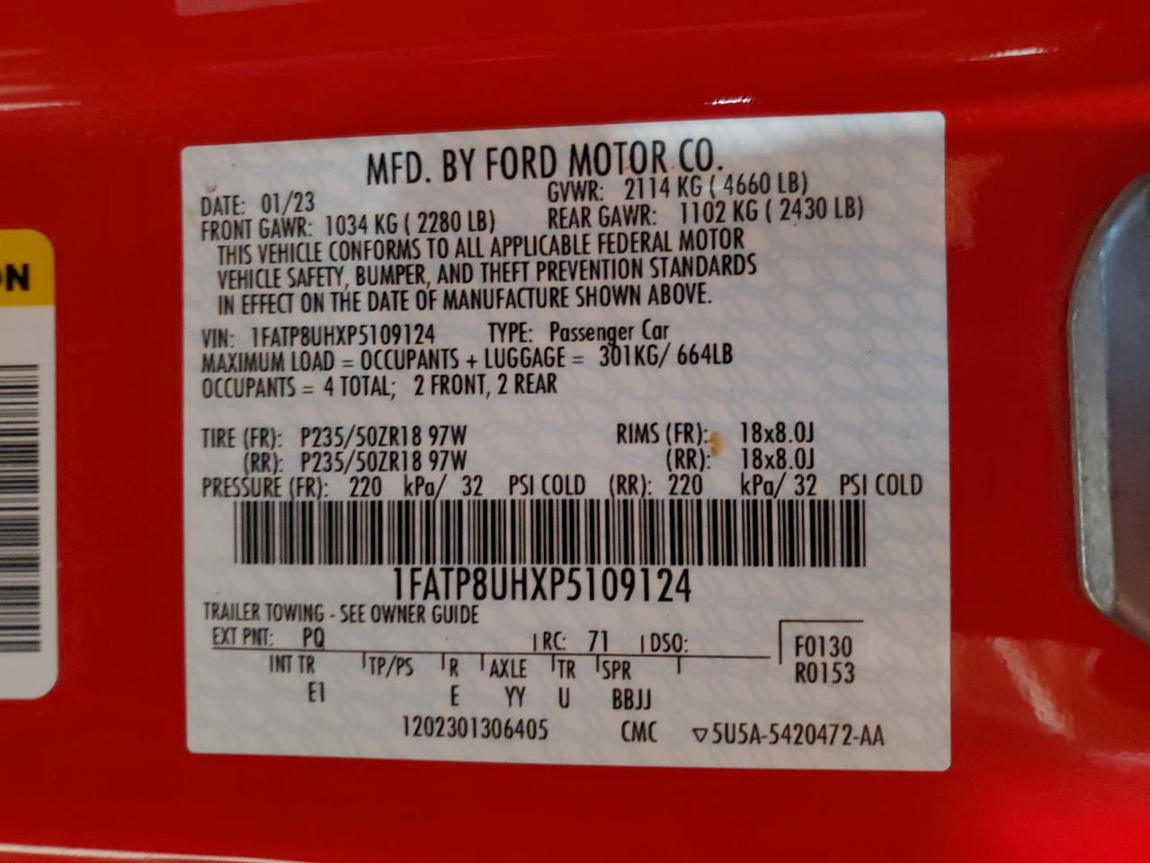 2023 FORD MUSTANG VIN:1FATP8UHXP5109124