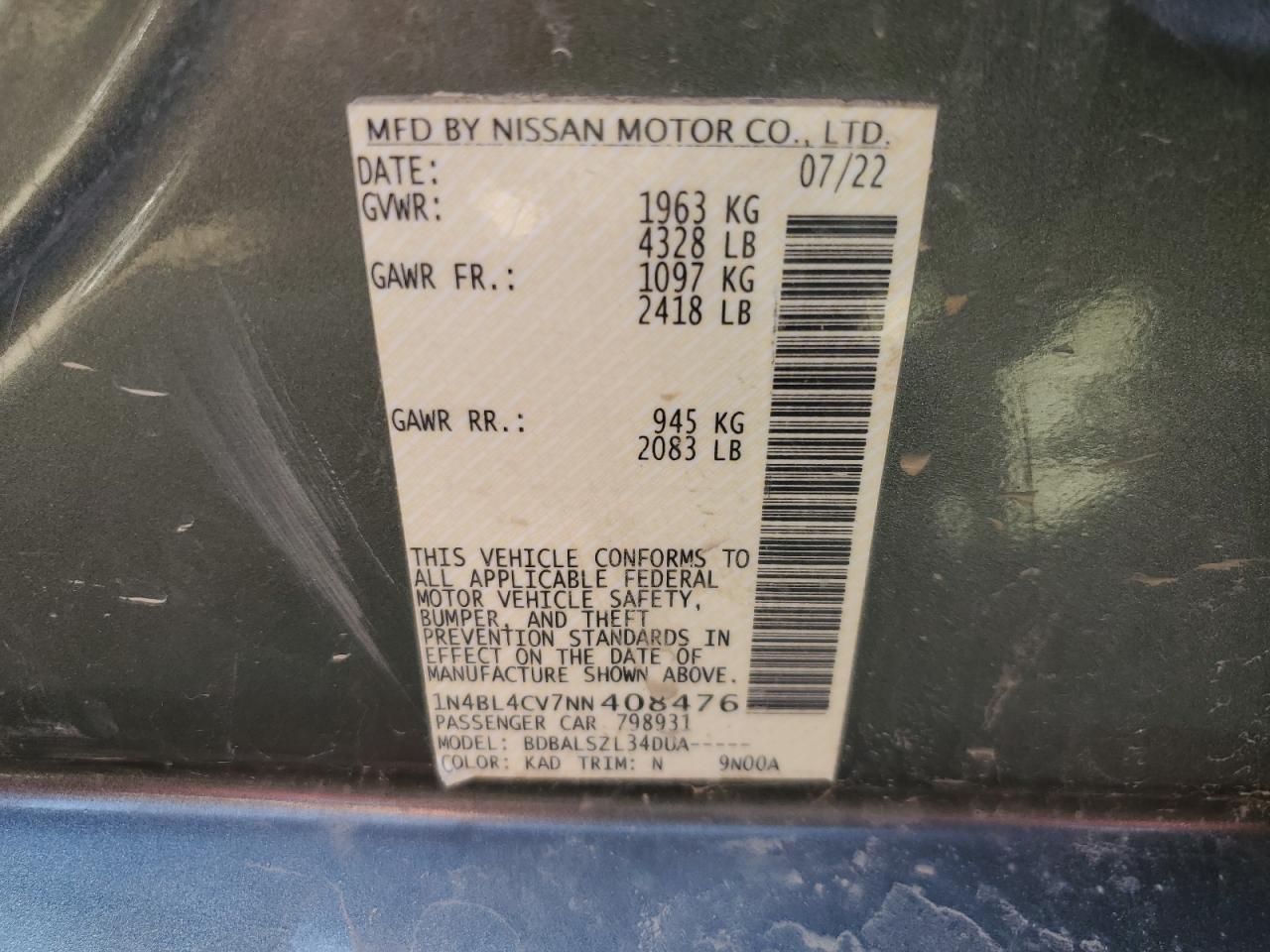 2022 NISSAN ALTIMA SR VIN:1N4BL4CV7NN408476