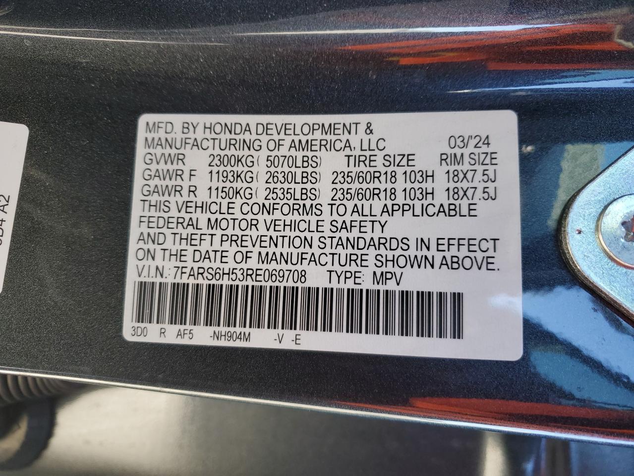 2024 HONDA CR-V SPORT VIN:7FARS6H53RE069708