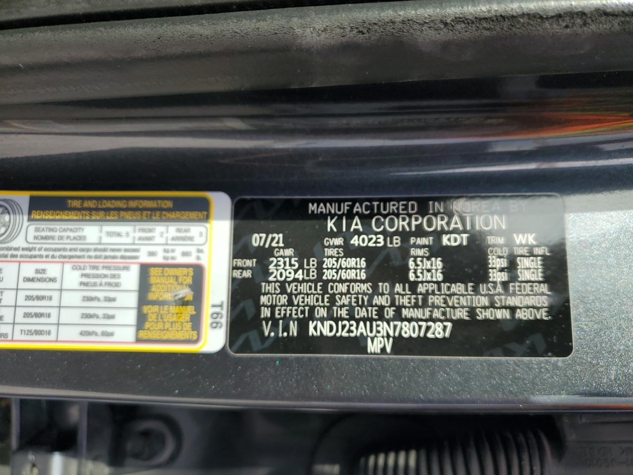 2022 KIA SOUL LX VIN:KNDJ23AU3N7807287