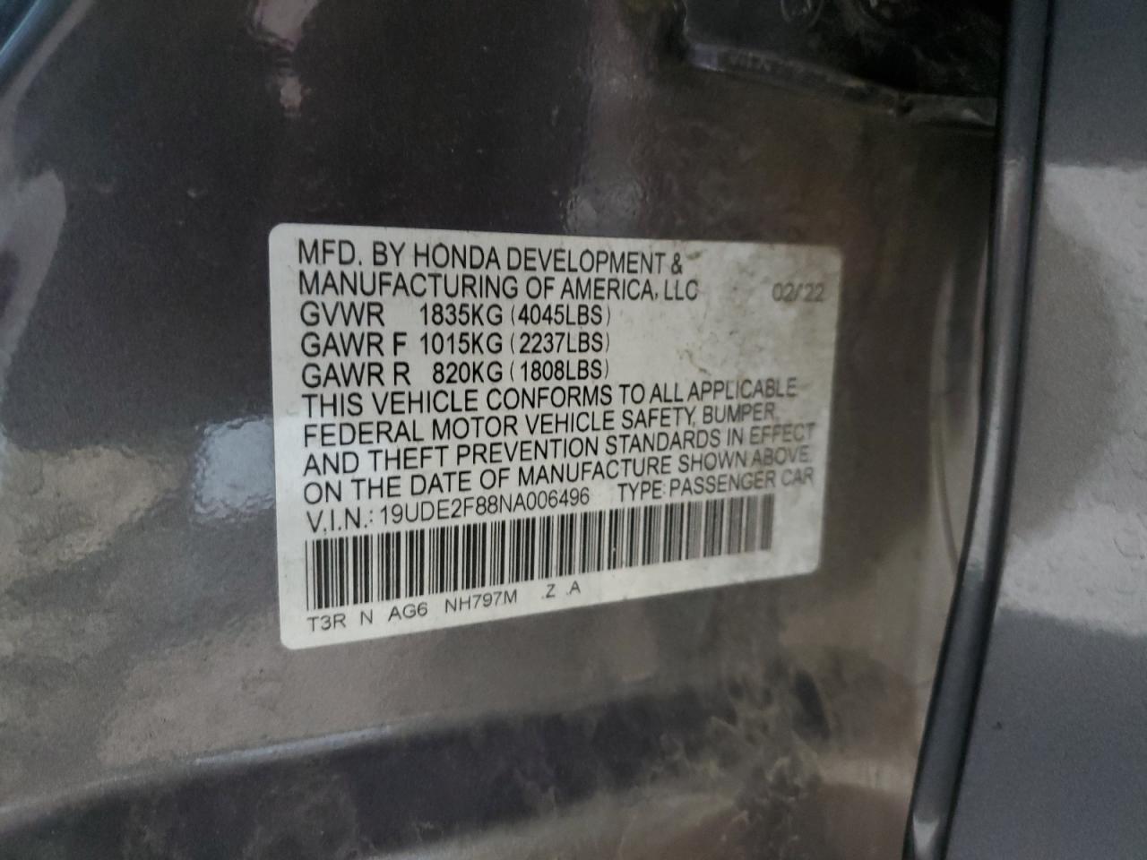 2022 ACURA ILX PREMIUM A-SPEC VIN:19UDE2F88NA006496