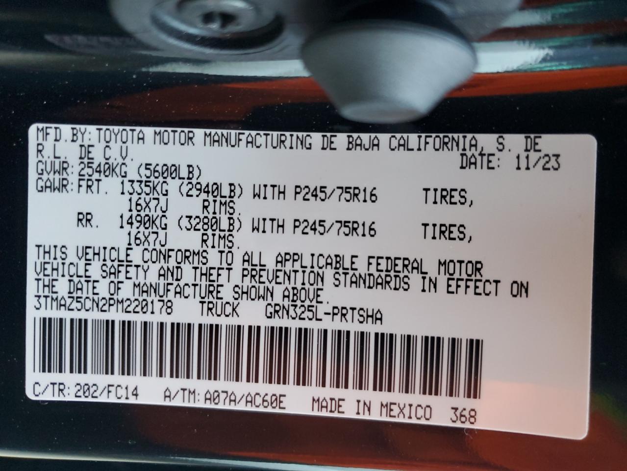 2023 TOYOTA TACOMA DOUBLE CAB VIN:3TMAZ5CN2PM220178