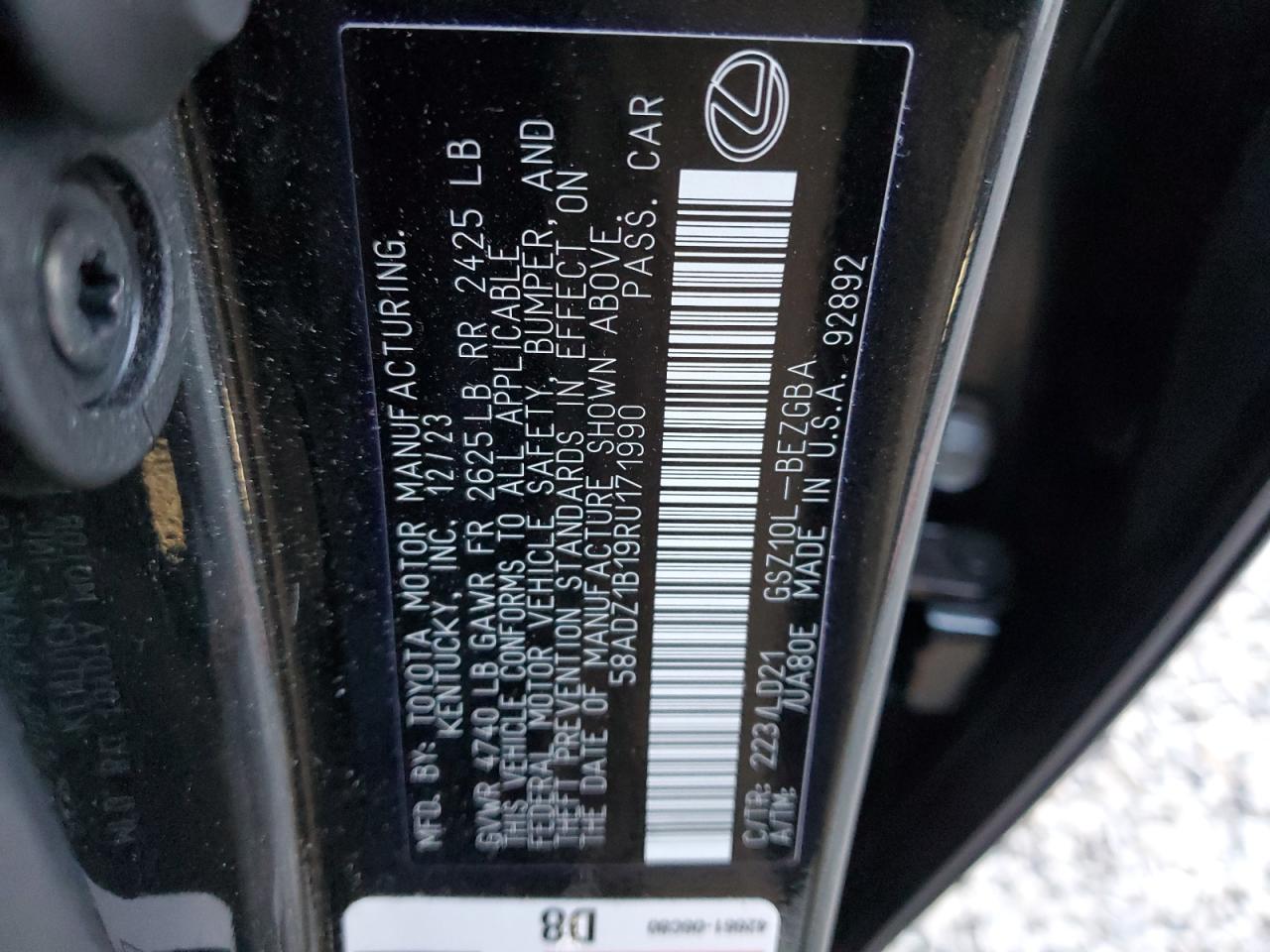 2024 LEXUS ES 350 BASE VIN:58ADZ1B19RU171990