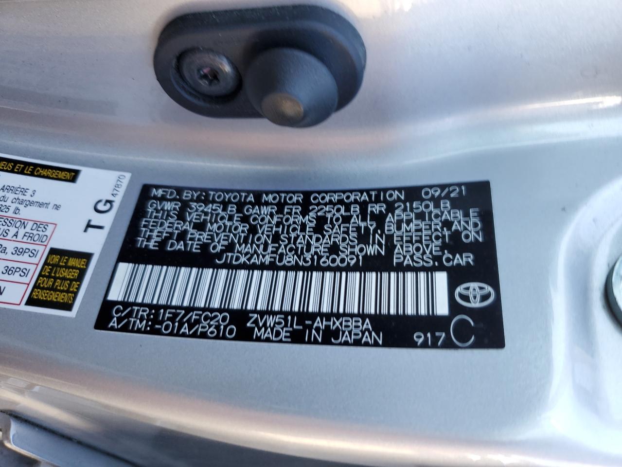 2022 TOYOTA PRIUS NIGHT SHADE VIN:JTDKAMFU8N3160091