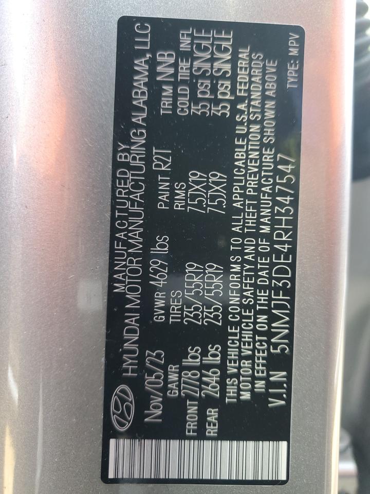 2024 HYUNDAI TUCSON SEL VIN:5NMJF3DE4RH347547