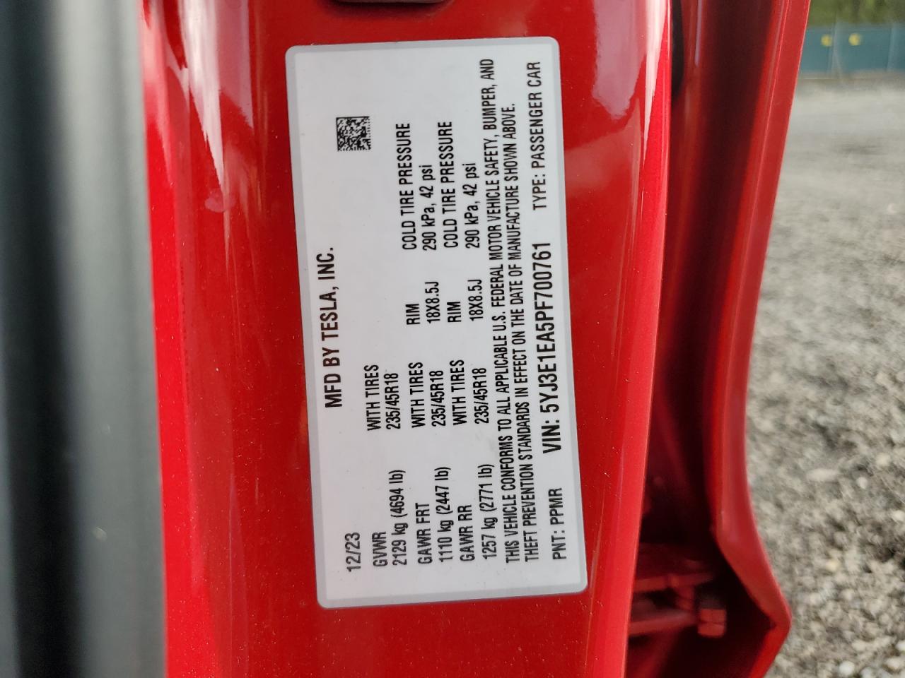 2023 TESLA MODEL 3 VIN:5YJ3E1EA5PF700761