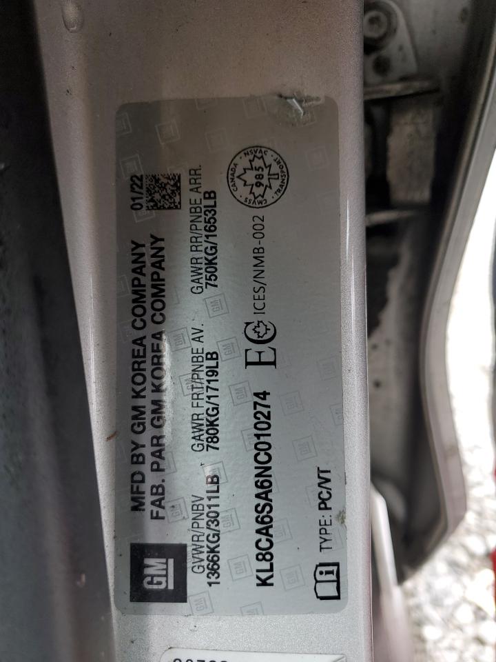 2022 CHEVROLET SPARK LS VIN:KL8CA6SA6NC010274