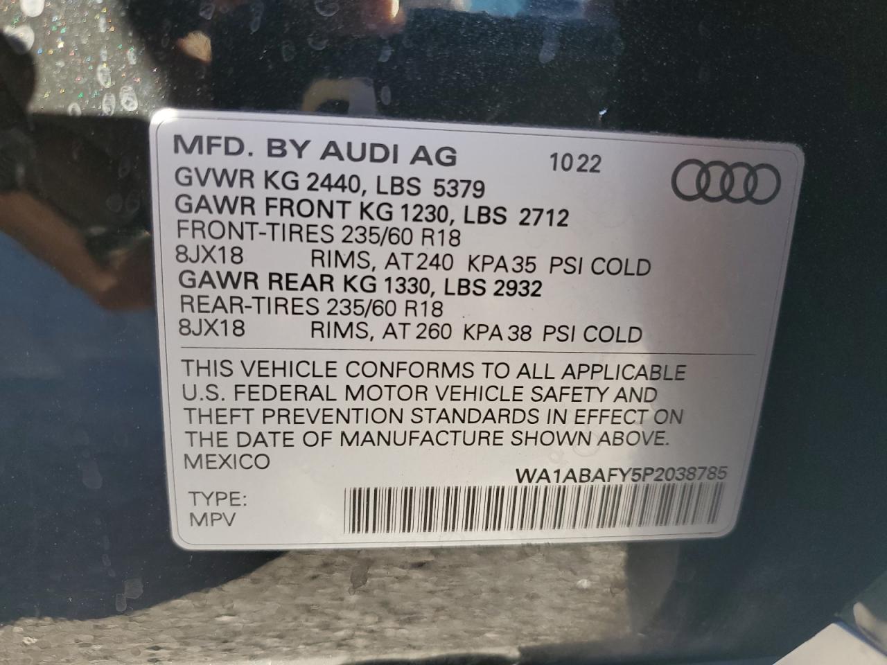 2023 AUDI Q5 PREMIUM 40 VIN:WA1ABAFY5P2038785