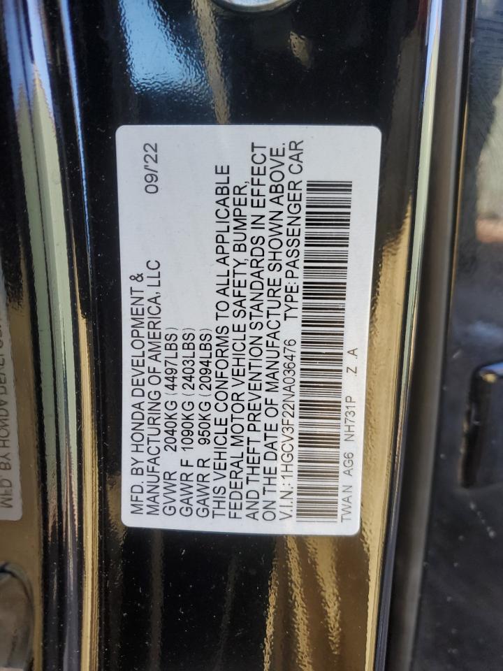 2022 HONDA ACCORD HYBRID SPORT VIN:1HGCV3F22NA036476
