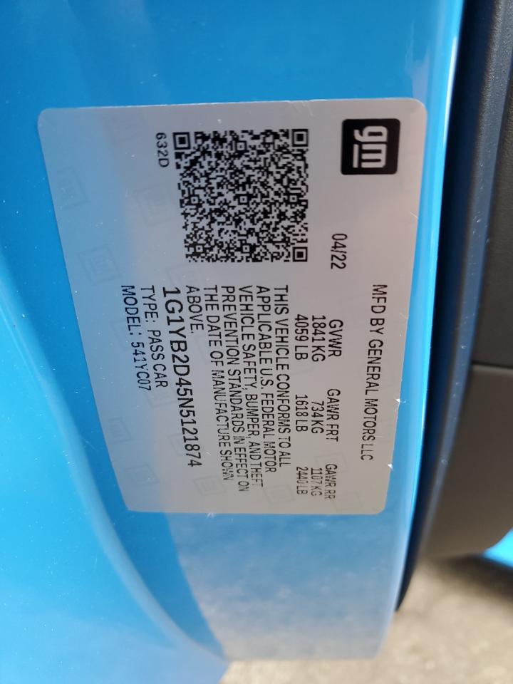 2022 CHEVROLET CORVETTE STINGRAY 2LT VIN:1G1YB2D45N5121874