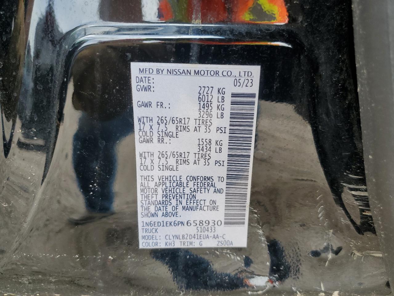 2023 NISSAN FRONTIER S VIN:1N6ED1EK6PN658930