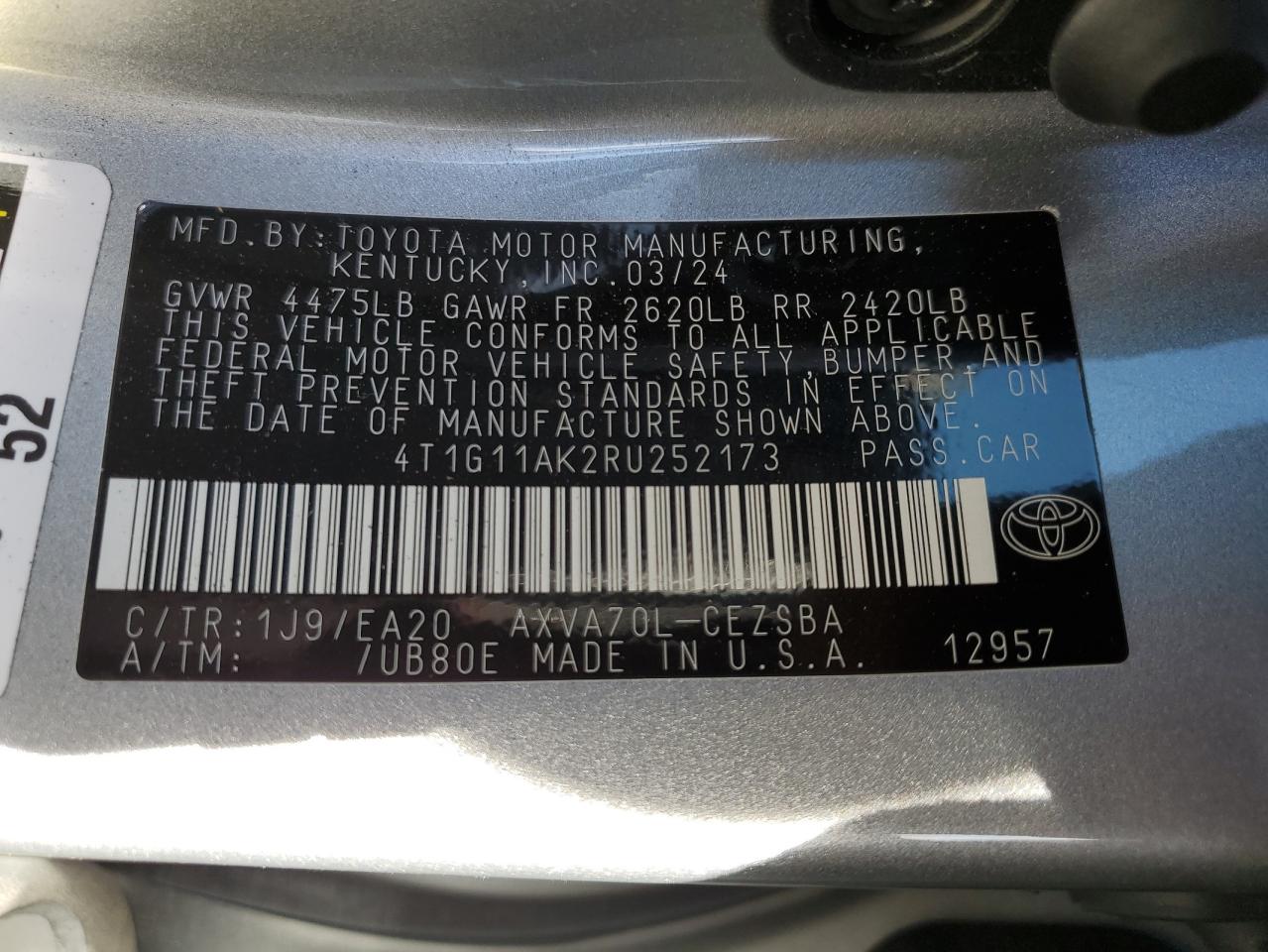 2024 TOYOTA CAMRY SE NIGHT SHADE VIN:4T1G11AK2RU252173