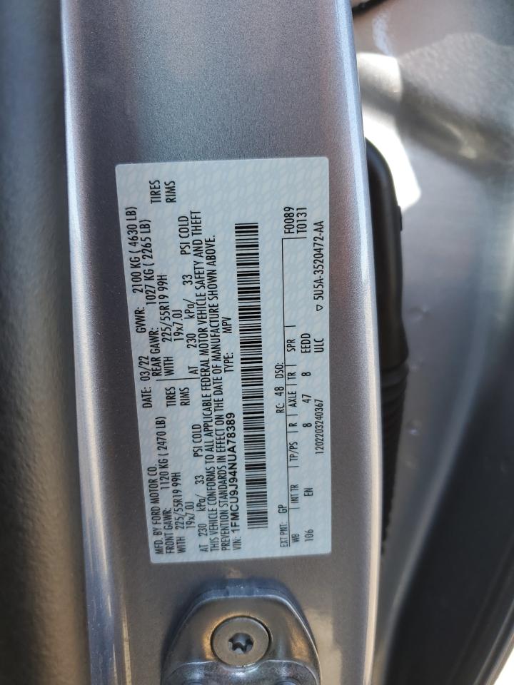2022 FORD ESCAPE TITANIUM VIN:1FMCU9J94NUA78389