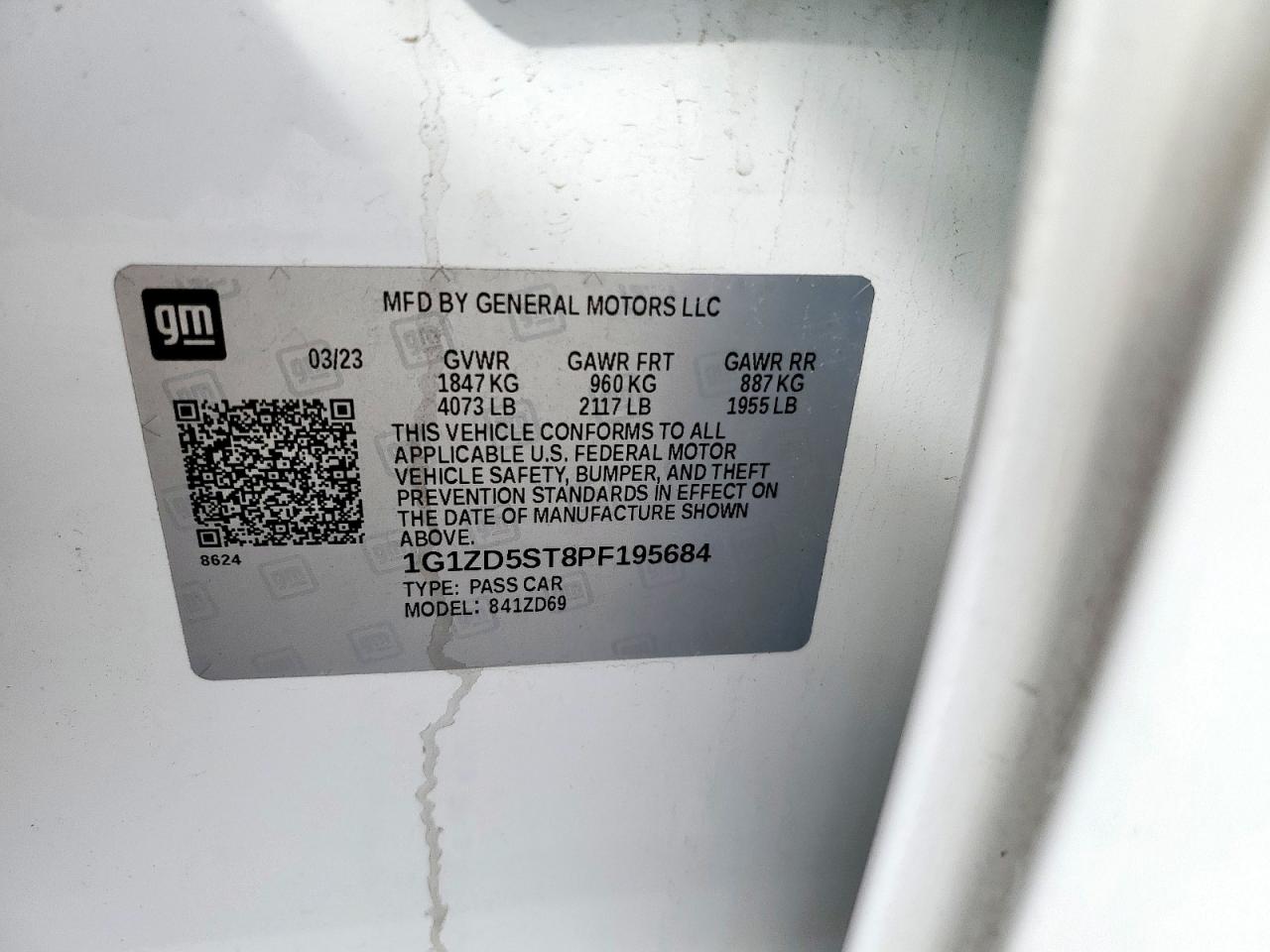 2023 CHEVROLET MALIBU LT VIN:1G1ZD5ST8PF195684