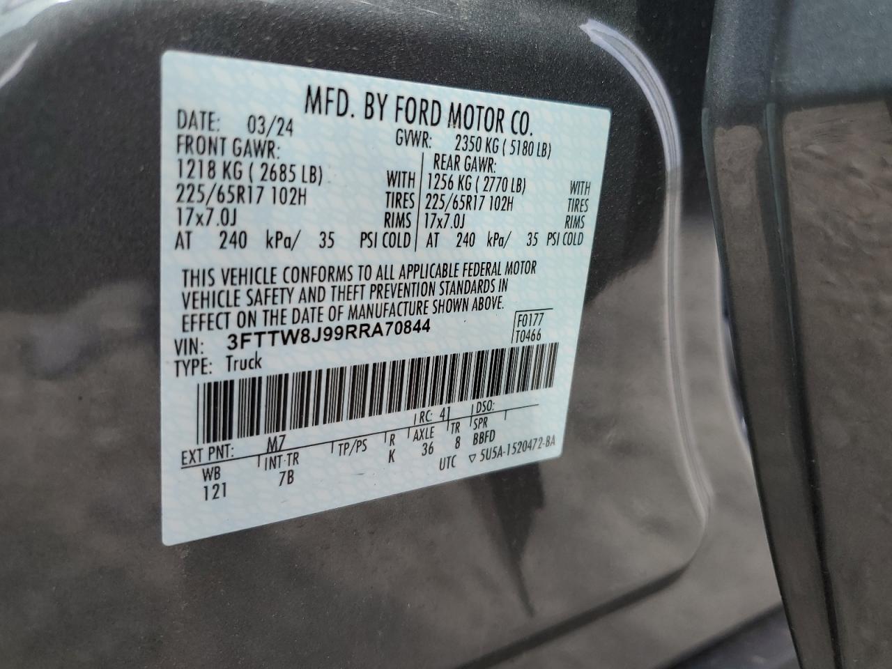 2024 FORD MAVERICK XLT VIN:3FTTW8J99RRA70844