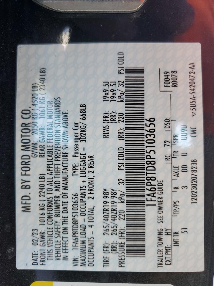 2023 FORD MUSTANG VIN:1FA6P8TD8P5103656