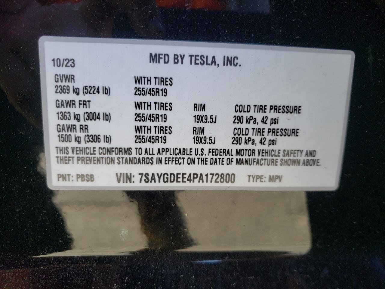 2023 TESLA MODEL Y VIN:7SAYGDEE4PA172800