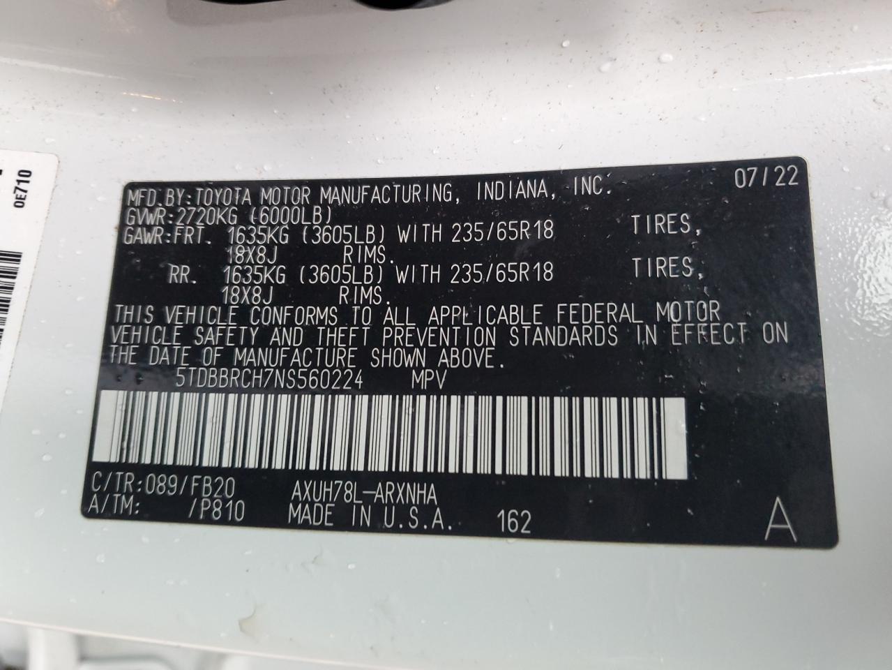 2022 TOYOTA HIGHLANDER HYBRID LE VIN:5TDBBRCH7NS560224