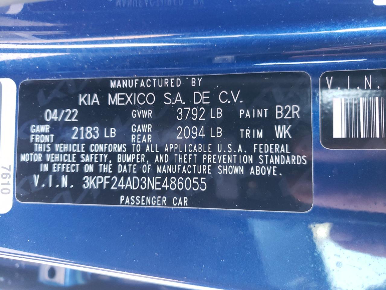 2022 KIA FORTE FE VIN:3KPF24AD3NE486055