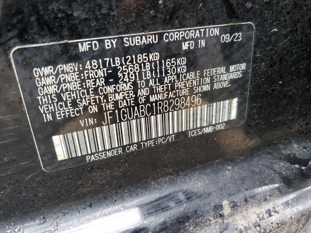 2024 SUBARU IMPREZA VIN:JF1GUABC1R8298496