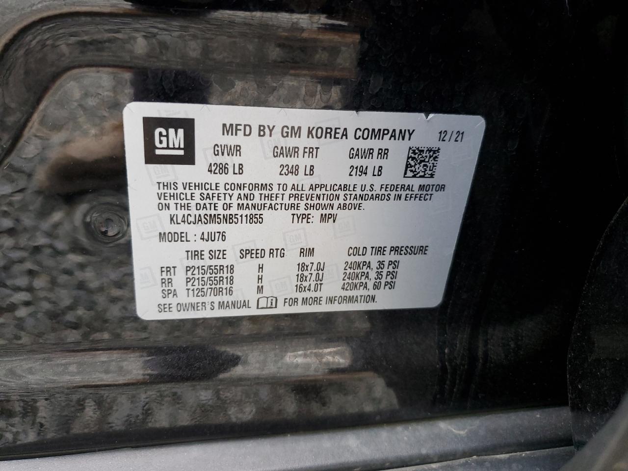 2022 BUICK ENCORE PREFERRED VIN:KL4CJASM5NB511855