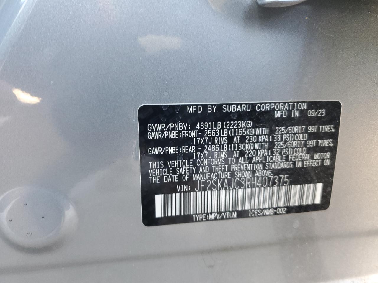 2024 SUBARU FORESTER WILDERNESS VIN:JF2SKAJC3RH407375