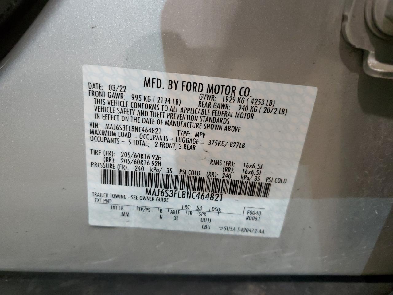 2022 FORD ECOSPORT S VIN:5J8TB4H55GL028692