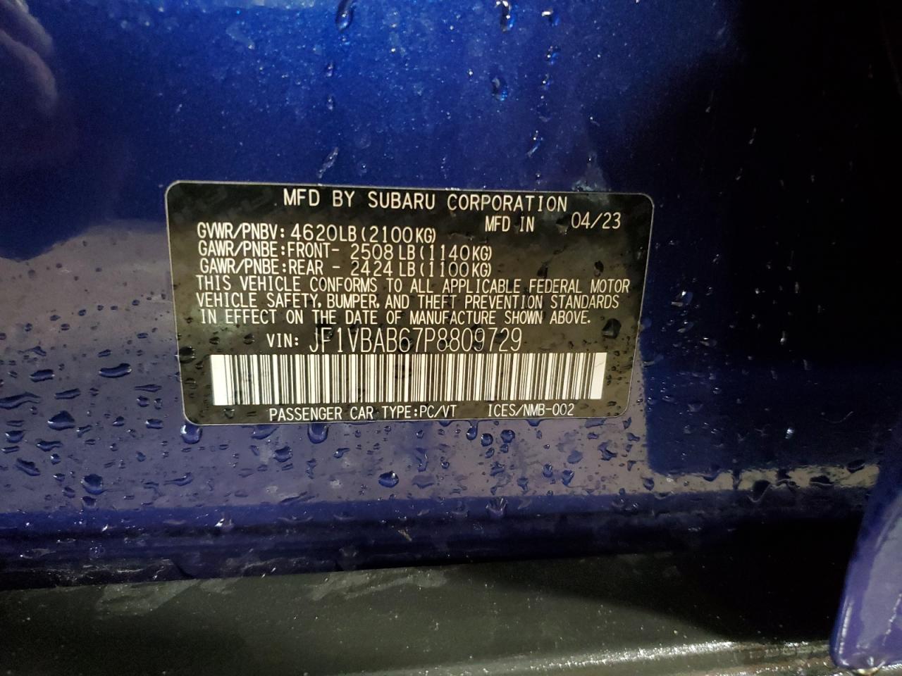 2023 SUBARU WRX VIN:JF1VBAB67P8809729