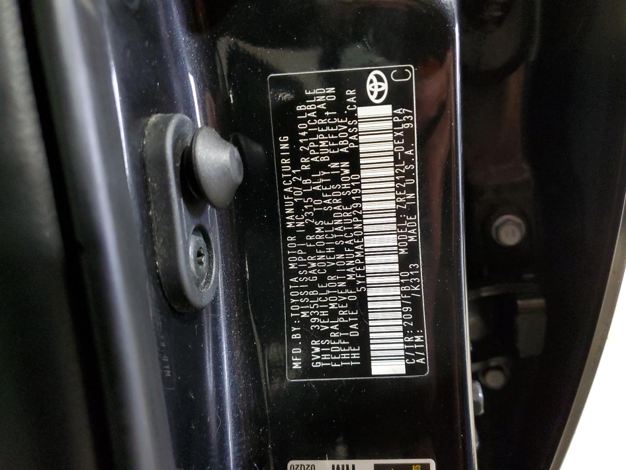 2022 TOYOTA COROLLA LE VIN:5YFEPMAE0NP291910