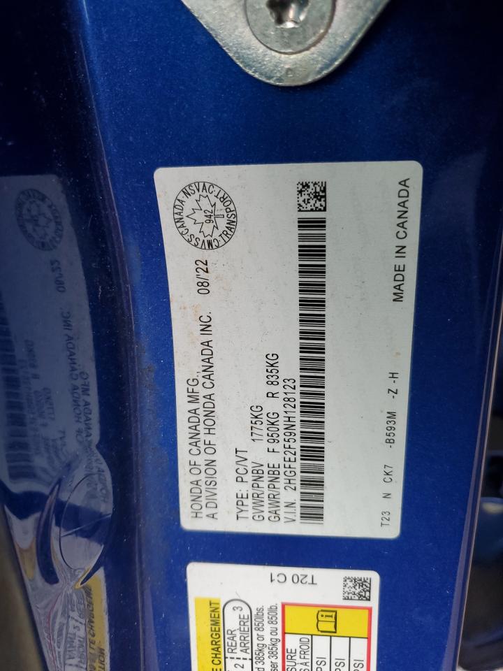 2022 HONDA CIVIC SPORT VIN:2HGFE2F59NH128123