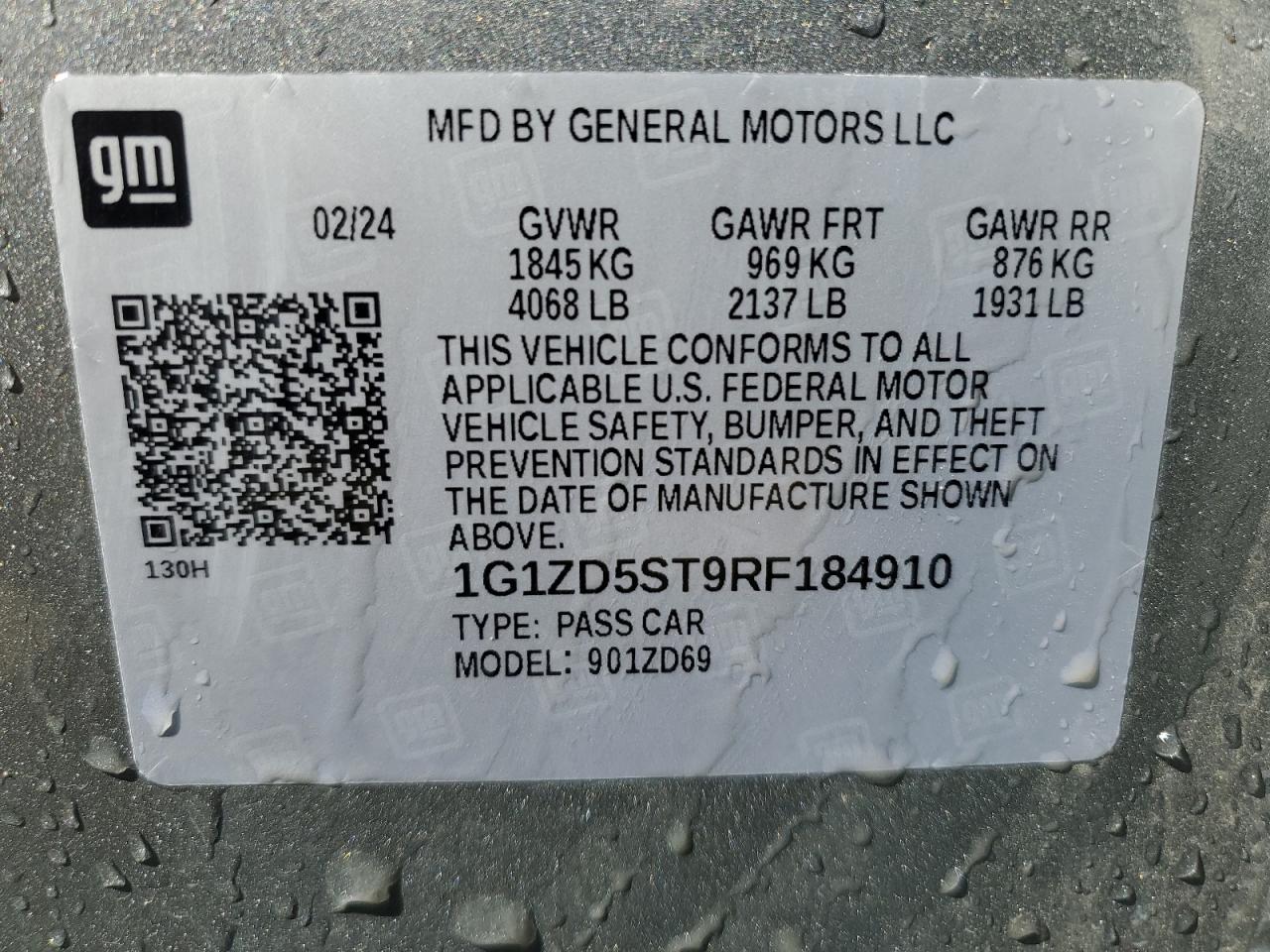 2024 CHEVROLET MALIBU LT VIN:1G1ZD5ST9RF184910