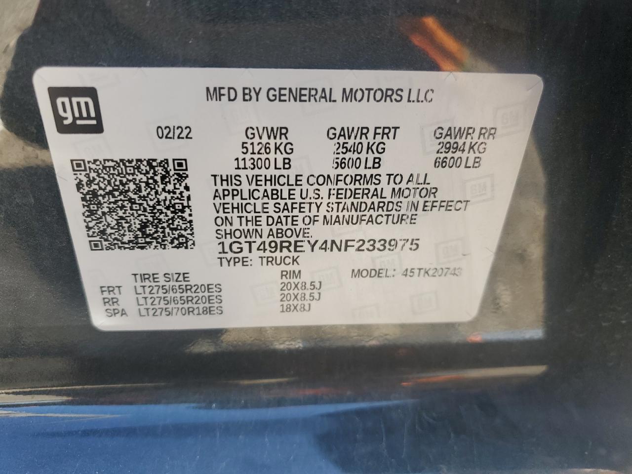 2022 GMC SIERRA K2500 DENALI VIN:1GT49REY4NF233975