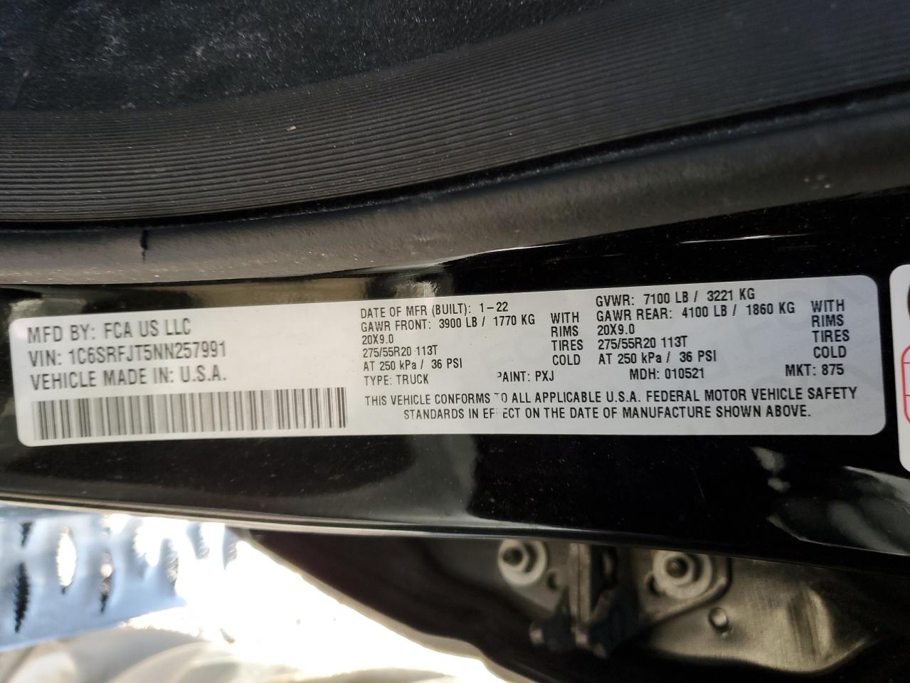 2022 RAM 1500 LARAMIE VIN:1C6SRFJT5NN257991