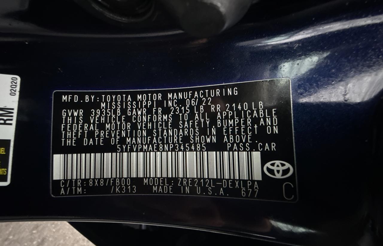 2022 TOYOTA COROLLA LE VIN:5YFVPMAE8NP345485