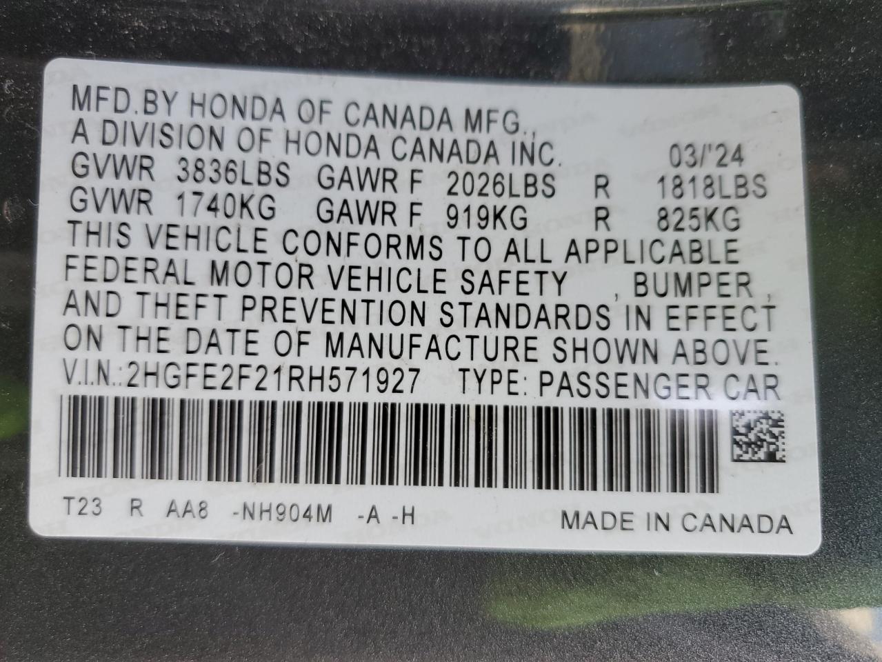 2024 HONDA CIVIC LX VIN:2HGFE2F21RH571927