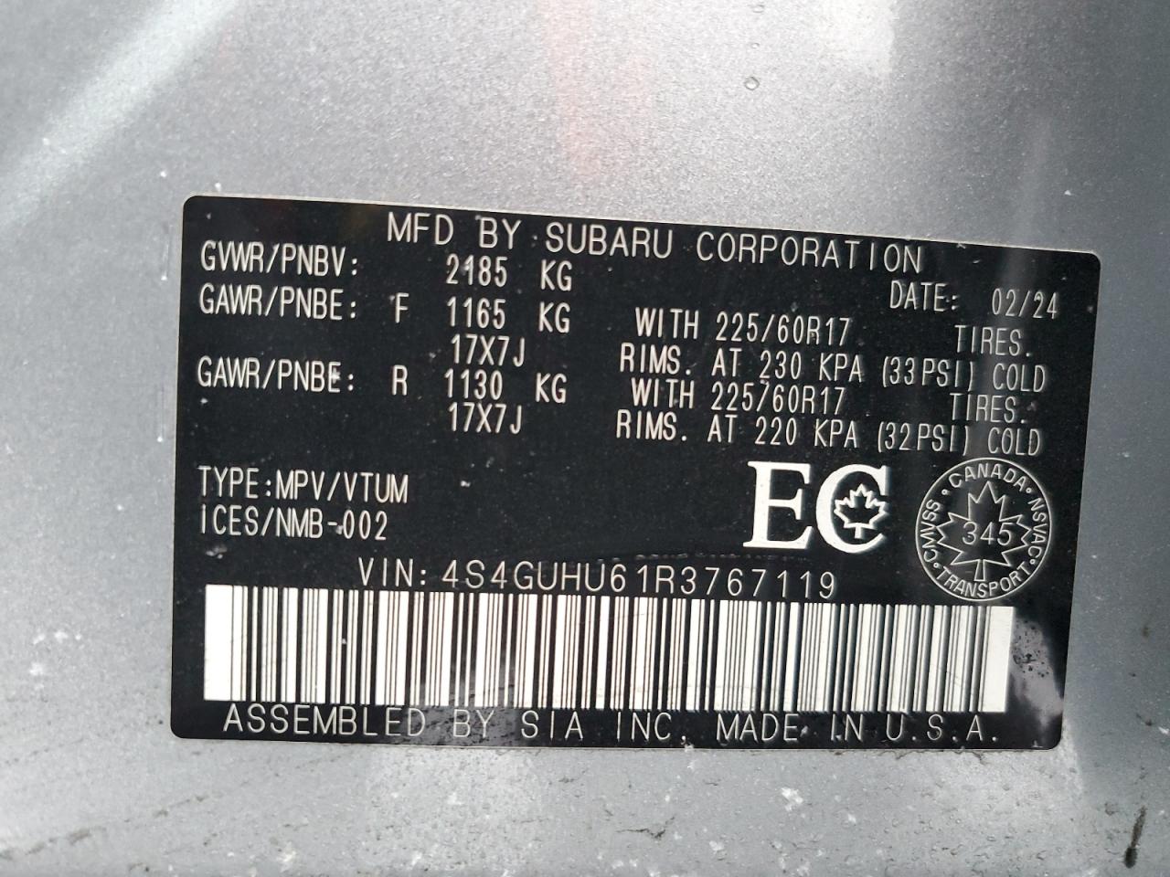 2024 SUBARU CROSSTREK WILDERNESS VIN:4S4GUHU61R3767119