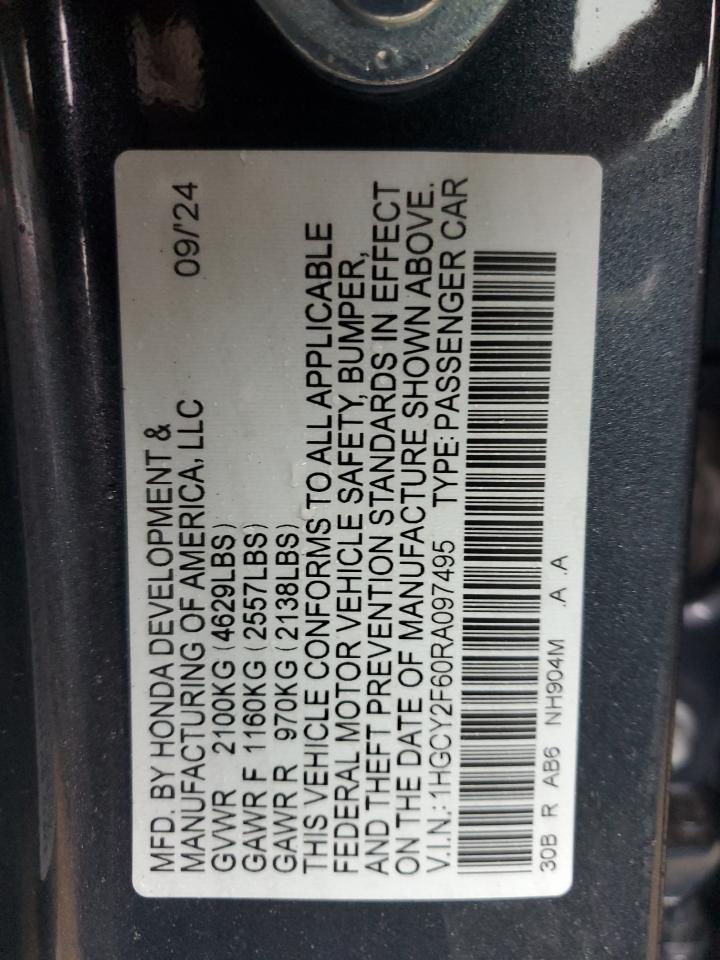 2024 HONDA ACCORD HYBRID EXL VIN:1HGCY2F60RA097495