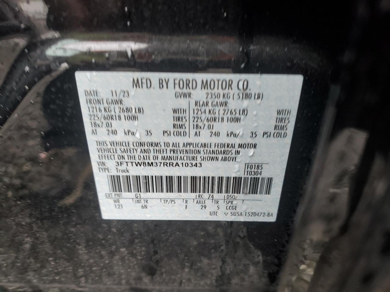 2024 FORD MAVERICK LARIAT VIN:3FTTW8M37RRA10343