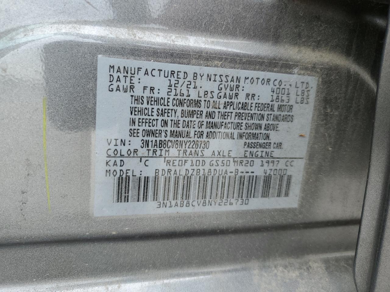 2022 NISSAN SENTRA SV VIN:3N1AB8CV8NY226730