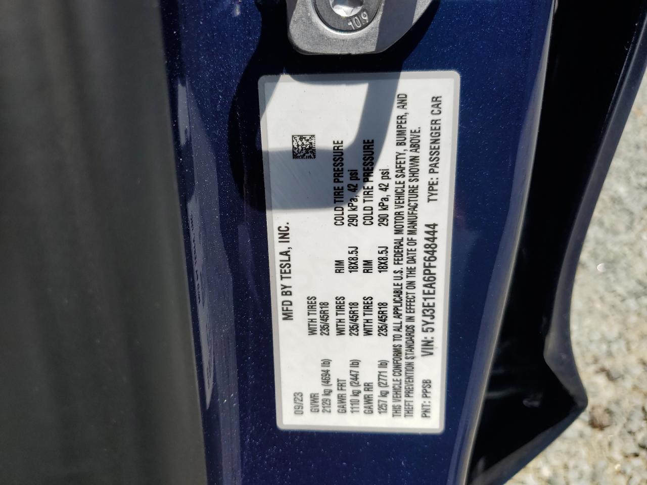 2023 TESLA MODEL 3 VIN:5YJ3E1EA6PF648444