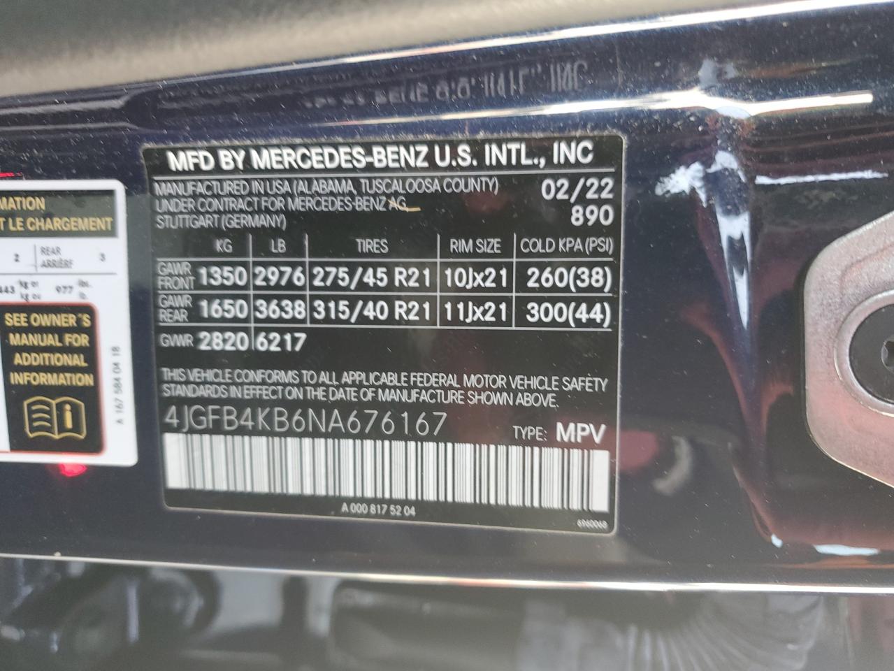 2022 MERCEDES-BENZ GLE 350 4MATIC VIN:4JGFB4KB6NA676167