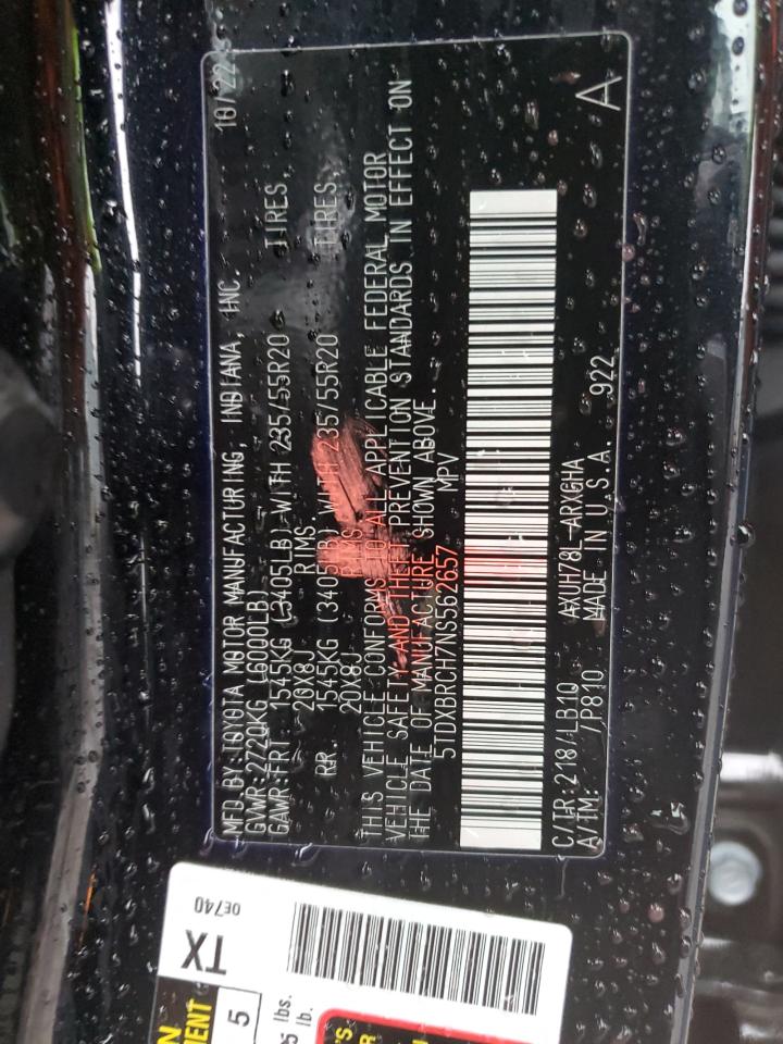 2022 TOYOTA HIGHLANDER HYBRID LIMITED VIN:5TDXBRCH7NS562657