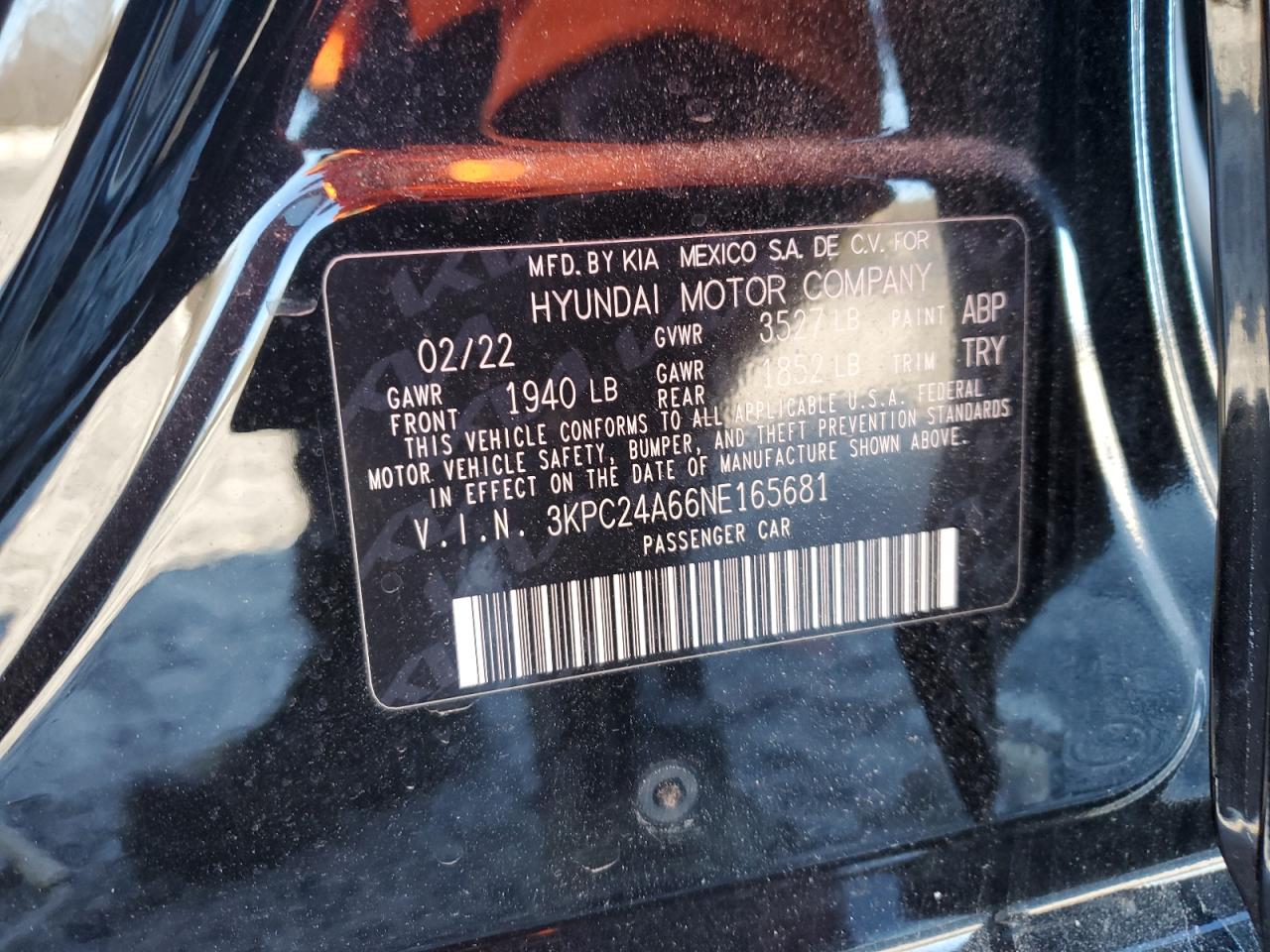 2022 HYUNDAI ACCENT SE VIN:3KPC24A66NE165681