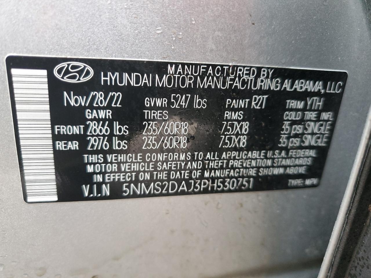 2023 HYUNDAI SANTA FE SEL VIN:5NMS2DAJ3PH530751