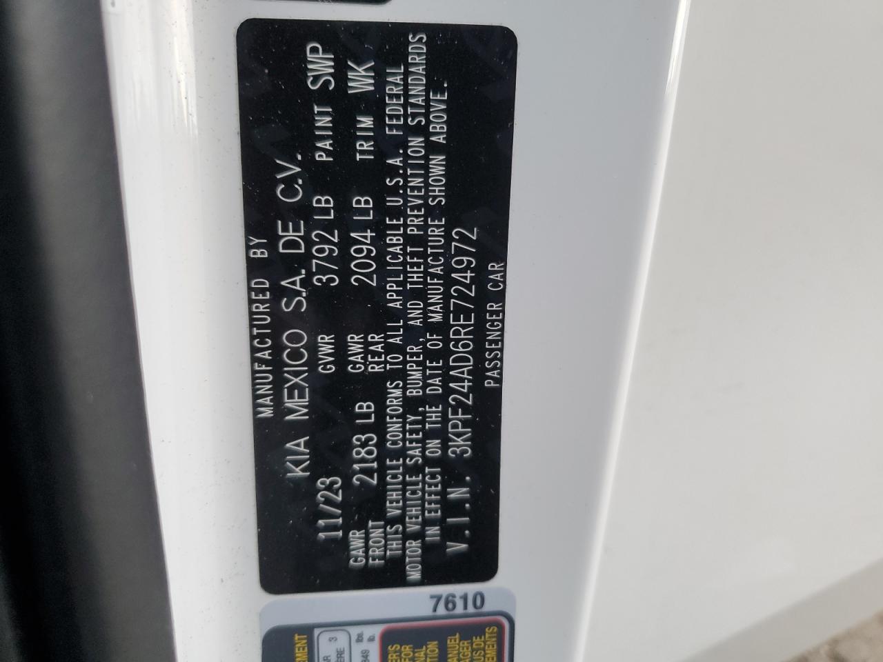2024 KIA FORTE LX VIN:3KPF24AD6RE724972